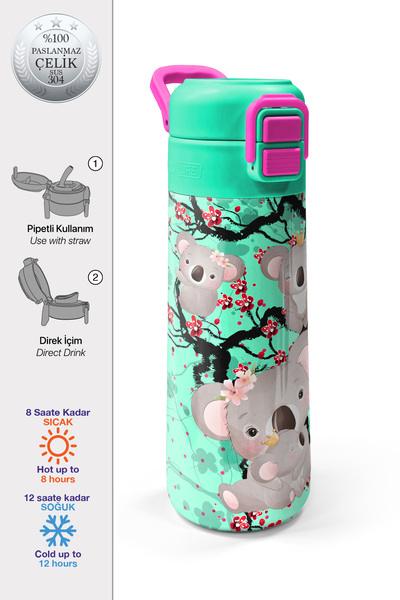 Coral High Kids Su Yeşili Koala Desenli Pipetli ve Direkt İçim Çelik Termos 5...