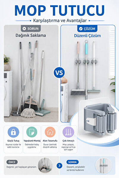 Factorial Mop Sapı Tutucu 1 Adet Yapışkanlı Fırça Tutucu Paspas Mop Tutacağı Mutfak Askılığı Tuvalet Fırçası