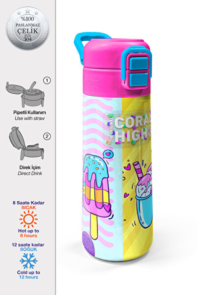 Coral High Kids Mixed Dondurma Desenli Pipetli ve Direkt İçim Çelik Termos 50...