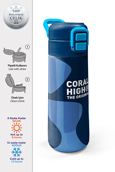 Coral High Kids Navy Blue Patterned Steel Thermos with Straw and Direct Drink...
