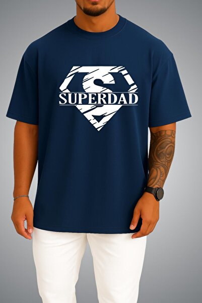Bahriyeli Collection تي شيرت للجنسين مطبوع عليه Superdad على الصدر مقاس كبير
