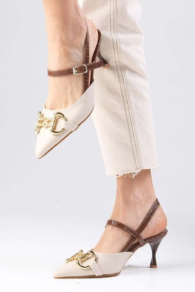 Mio Gusto Felicity Nude Colored Women's Heeled Shoes with Buckle Accessories, Open Back and Side Buckles