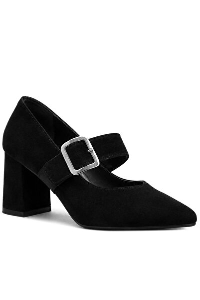 Shoes Center حذاء نسائي ذو كعب عالٍ من جلد الغزال الأسود مع مشبك