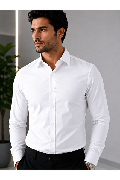 cto your style Men's White Slim Fit Lycra Shirt Flexible and Breathable Fabri...