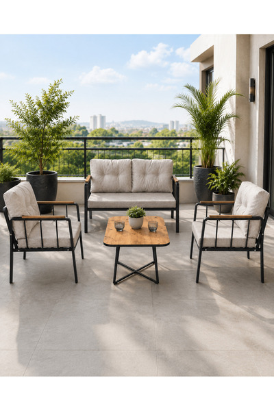 todek home Liva Bahçe Balkon Oturma Grubu - 2+1+1 Takım + Sehpa - Siyah Metal...