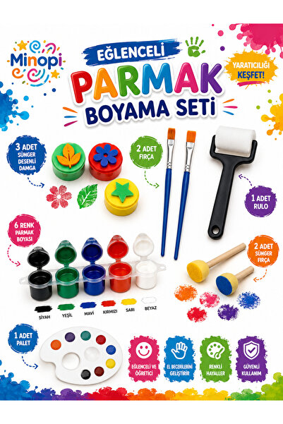 Minopi 6x25 ml Parmak Boyası, 3 Adet Eva Baskı, Ponpon Fırça, Sünger Rulo, Pa...