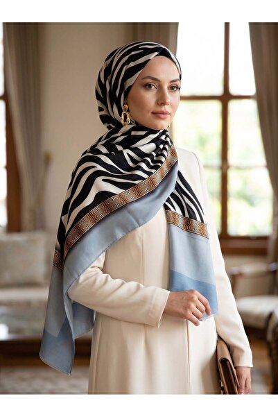 Vissona %100 Saf İpek Şal İnce Saten Vual Dokuma Zebra Desenli 90x210 Şal
