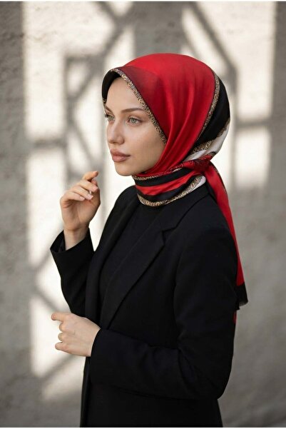 Vissona %100 Saf İpek Şal İnce Saten Vual Dokuma Çizgili Desenli Kırmızı - Si...