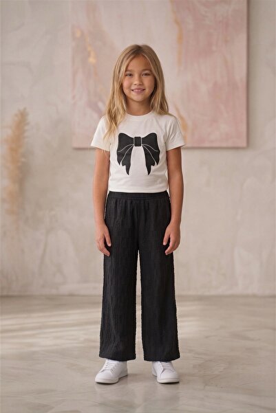 Kalyoncu Butik Ribbon Printed Black Cotton Girls' Set