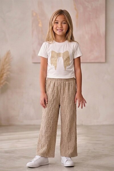 Kalyoncu Butik Ribbon Printed Beige Cotton Girls' Set
