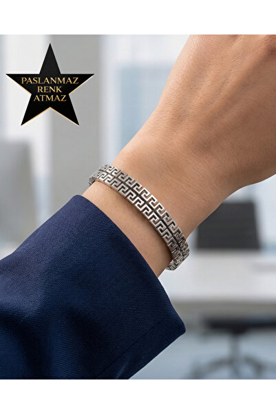 stainless steell Steel Silver Maze Detailed Handcuff Bracelet