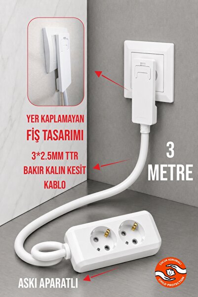 Aryes Kalın Kablolu 2'li Uzatma Kablosu 3 Metre %100 Bakır