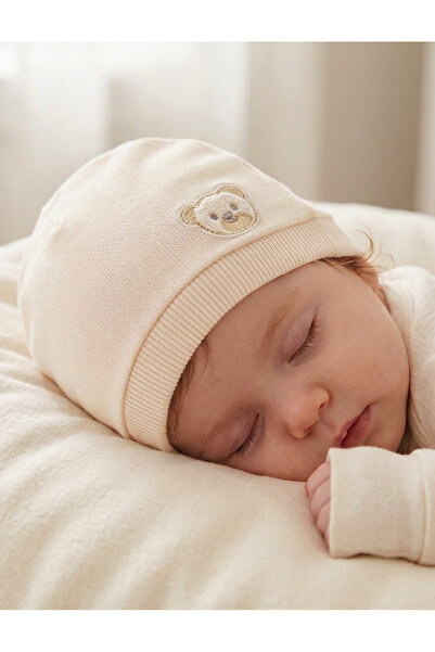 BAMBIK Kayra Baby %100 Pamuk Küçük Ayıcıklı Nakışlı 0-9 Ay Bebek Beresi Şapkası