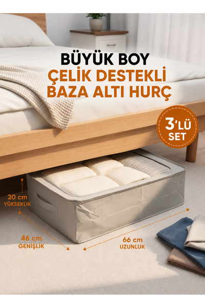 Handyol 3 Adet Pencereli Çelik Destekli Büyük Boy Hurç Baza Altı Çok Amaçlı O...