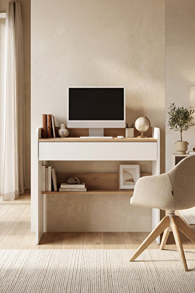 SARMOBİ Harmony Tek Çekmeceli Çalışma Masası 94x90x50 cm Beyaz/Meşe – Modern ...