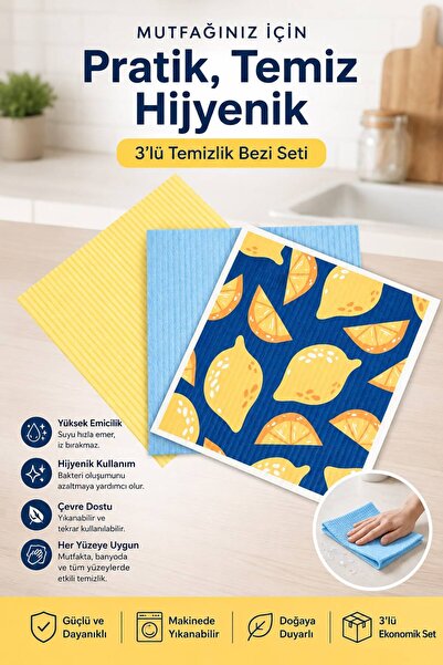 mycleanvibe 3 Adet Renkli %100 Doğal Selülöz Mikrofiber Temizlik El Bezi