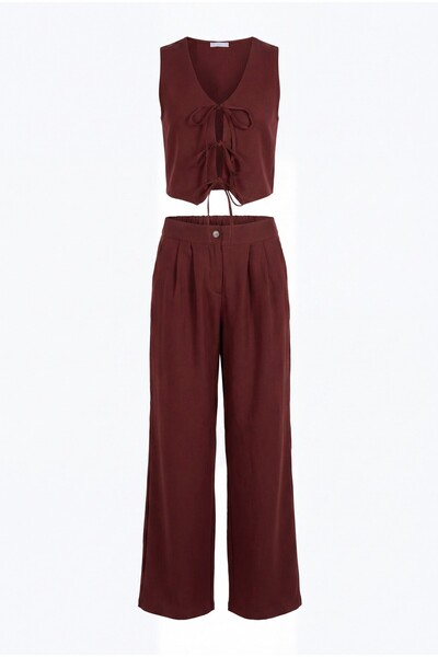 Modamorfo Lace-Up Front Vest and Trousers Two-Piece Linen Look Suit - Burgundy