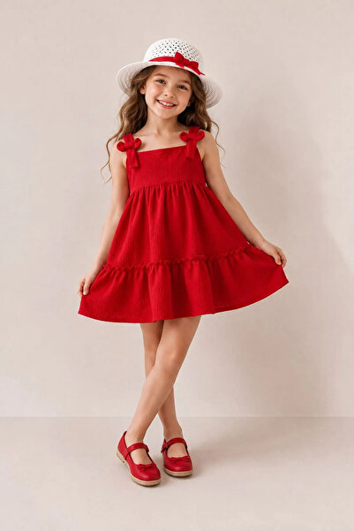 Minigimin Cicileri My Little One's Girls' Dress with Hat and Bow Detail - Red