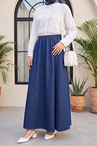Modamorfo Denim Skirt with Side Pockets and Elastic Waist -Indigo