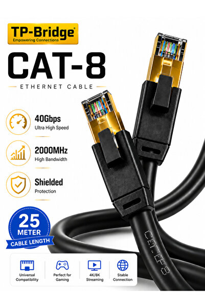 TP-BRIDGE كابل إيثرنت CAT8 بطول 25 متر - 24AWG نحاس OFC S/FTP LSZH 2000 ميجاه...
