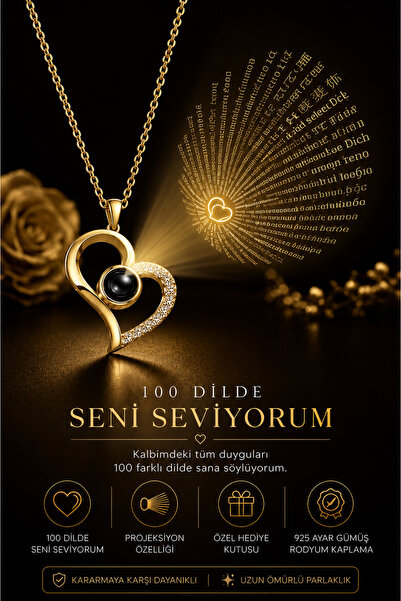 925 Ayar Gümüş Zirkon Taşlı 100 Dilde Seni Seviyorum Kalp Kadın Kolye - Gold