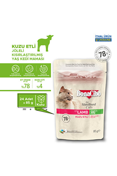 BonaCibo Jöleli Kuzu Etli Pouch Yaş Kısır Kedi Maması, 85 Gr x 24 Adet
