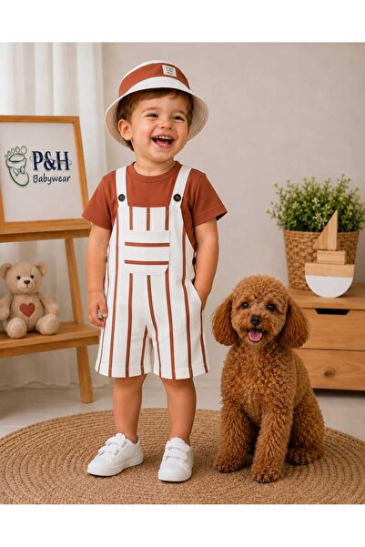 P&H BABYWEAR طقم سالوبيت صيفي للأولاد الصغار مع قبعة سفاري مخططة وحزام كتف