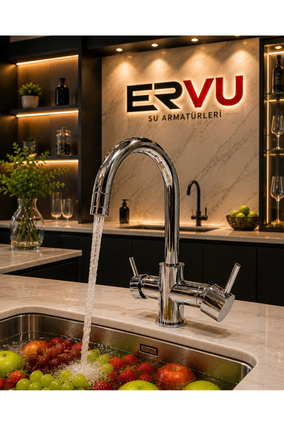 Ervu Yapı Krom Arıtmalı Mutfak Eviye Bataryası (SICAK SOĞUK GİRİŞLİ, PİRİNÇ M...