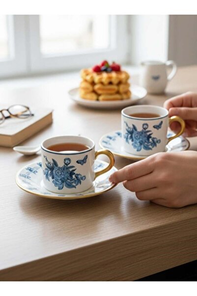 Onedekor 2 Kişilik Double Amber Bloom Blue Kahve Fincanı