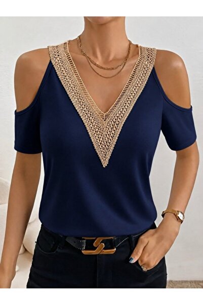 Generic Brand Women's Viscose Blouse with Open Shoulders and V-Neck