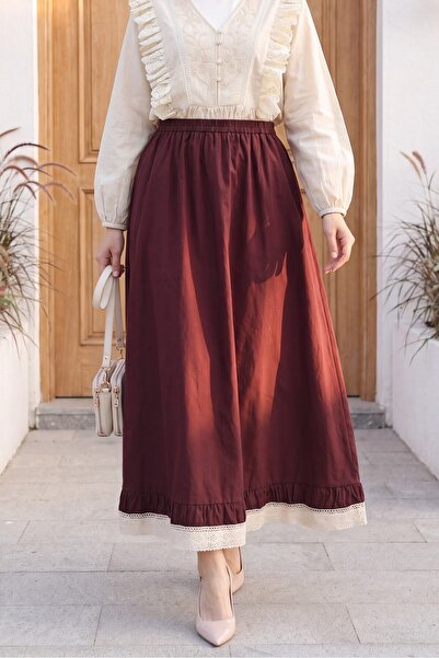 Modamorfo Elastic Waist Lace Detailed Pocketed Poplin Skirt - Burgundy