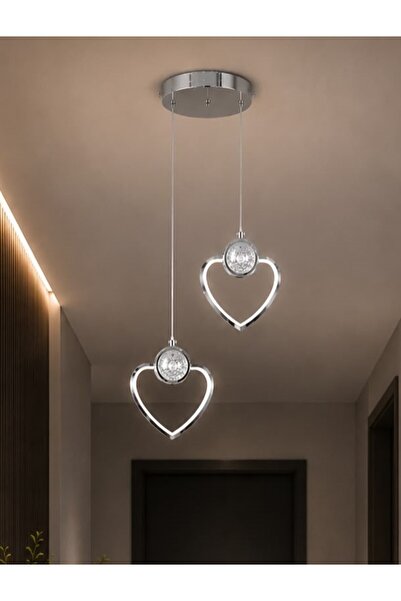 EY-EL TASARIM İKİLİ KALP 3 RENK MODLU KRİSTAL TAŞLI LEDLİ SARKIT AVİZE
