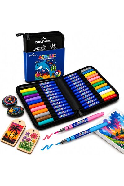 Dolphin Acrylic Paint Markers Brush Tip, 24 Colours, Water-Based High Opacity...