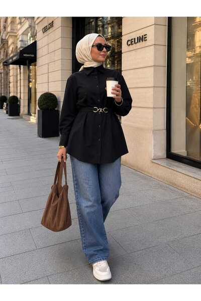YEK&BİR Women's Gold Belt-Detail Balloon Sleeve Tunic Shirt