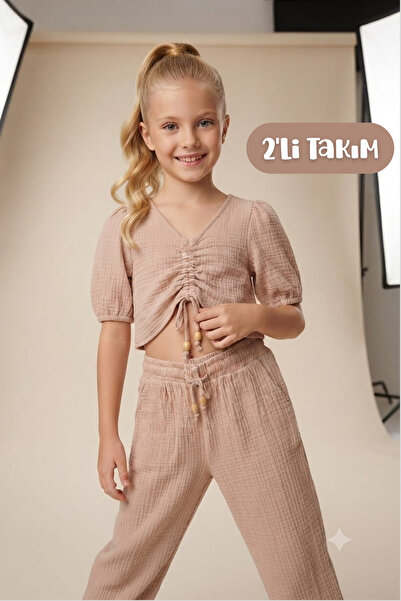 Hilal Akıncı Kids Комплект от 2 части блуза за момиче с плисирани детайли и л...