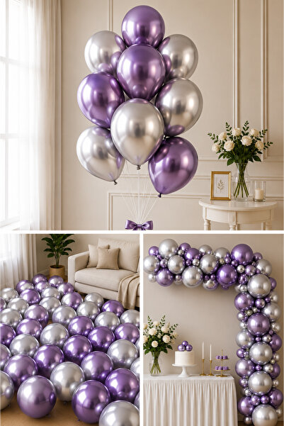 Parti dolabı Chrome Shiny Metallic Purple-Silver Color 5 Balloons