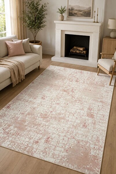 Abstract Patterned Washable Anti-Slip Base Light Cream Beige Chenille Lounge Rug 4107