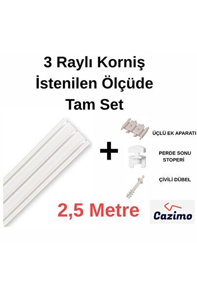 CAZIMO Üçlü Korniş Rayı PVC Perde Rayı Ölçü Seçenekli Tavan Tipi Beyaz Korniş...