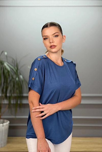 Bİ.GİYSEN Women's Blue Large Size Shoulder Button Detailed Lycra Buluz