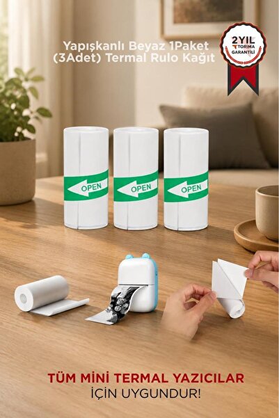 Torima Yapışkanlı Beyaz 1Paket (3Adet) Termal Rulo Kağıt Etiket Sticker Tüm M...