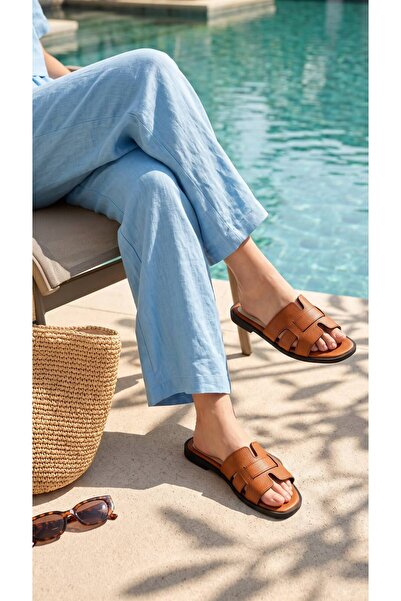 Beyond Women's Tan Banded Hrms Leather Slippers 1cm Byndst01
