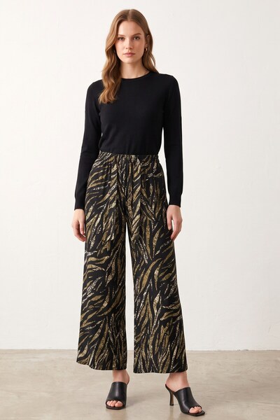 hadiora Women's Black Khaki Abstract Patterned Atlas Wide Leg Pants