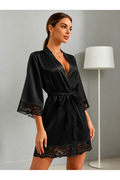 Jermo Women's Sleeve and Skirt Lace Detail Stylish and Elegant Short Satin Dressing Gown with Belt