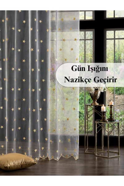 MAGİZA Tulle Curtain with Star Pattern, No Pleats, Extra-Soft, No Ironing Required, Suitable for Living Room, Kitchen, Balcony and Children's Room