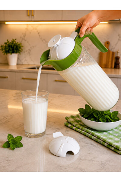 abenim 1500 cc Yeşil Kapaklı Cam Ayran Karıştırma Sürahisi (yedek kapaklı)