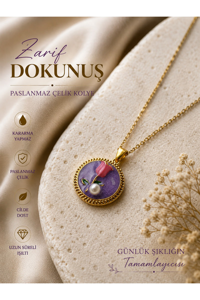 TrendimAksesuar Mineli Stainless Steel Necklace with Pearl Detail Purple Wome...