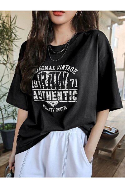 Yasolin Tricou negru de damă original vintage cu imprimeu brut oversize cu gu...