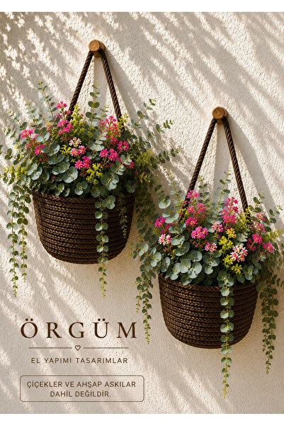 ÖRGÜM Sepet Dekoratif 2 Adet Mini Duvar Sepeti 12x10 Cm BİTKİLER DAHİL DEĞİLDİR
