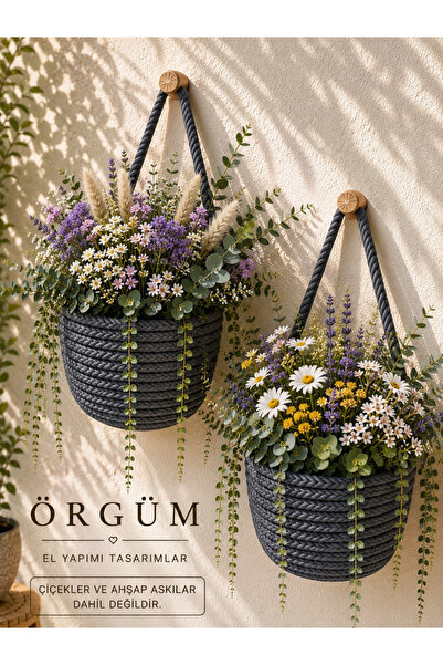 ÖRGÜM Sepet Dekoratif Mini 2'li Çiçeklik 12x10 cm BİTKİLER VE AHŞAP ASKILAR D...