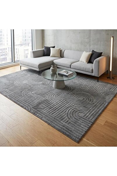 Carpettex Koyu Gri Modern Geometrik Desenli Dijital Baskılı Kaymaz Tabanlı Yıkanabilir Halı